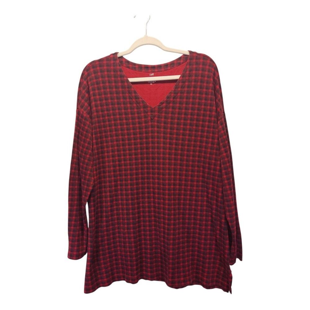 J.Jill Simply Supima V Neck Tunic Red Black Plaid Long Sleeve Top XL TALL